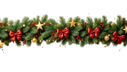 Christmas border with red and green balls. green christmas tree branches on border isolated on transparent background