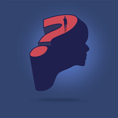 Silhouette of a Woman Walking on a Red Question Mark Inside a Head Shape