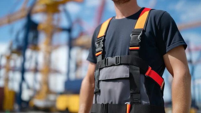 237Close-up of gloved hands tightening straps on a bright safety harness, blurred scaffolding and cranes in background, sunlight highlighting textures