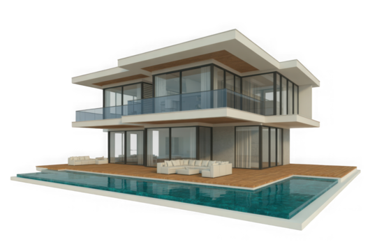 Modern 3D architectural rendering of a two-story luxury house with large windows and wooden deck isolated on a transparent background