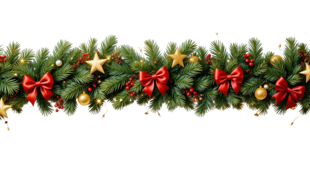 Christmas border with red and green balls. green christmas tree branches on border isolated on transparent background