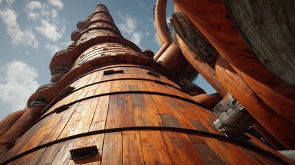 A vertical, antiquated structure rises dramatically, showcasing a copper exterior against a clear sky