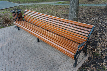 quiet urban park seating area, relaxing city park environment featuring lush plant life and...