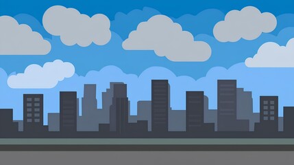 Urban skyline illustration featuring tall buildings silhouetted against a bright blue sky with fluffy clouds, creating a vibrant cityscape atmosphere for design projects