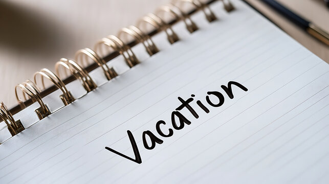Open spiral notebook with the word "Vacation" written in black ink. The image promotes the concept of planning and anticipation for a relaxing and enjoyable holiday experience.