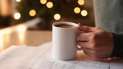 Cozy hot chocolate break amidst architectural drawings, bathed in soft light and a festive backdrop. Comfort meets creativity for a serene, inspiring moment.