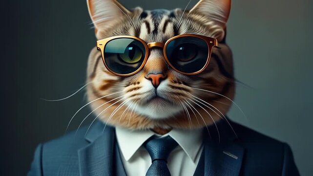 A dapper tabby cat, exuding an air of cool confidence, dressed sharply in a tailored suit and stylish sunglasses, ready for a professional engagement