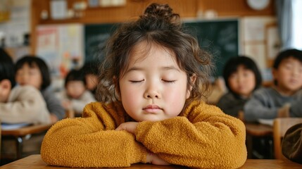 A young Asian girl with curly hair sits at a desk with her eyes closed. She wears a brown sweater. Other children are visible in the background, focused on their work.