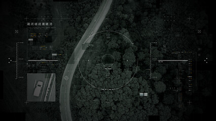 Aerial surveillance, military reconnaissance view of a complex highway interchange with HUD targeting graphics, creating a cinematic spy-drone atmosphere and intelligence-operation mood