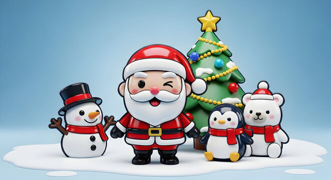 3d icon of cheerful santa claus with snowman, penguin, and polar bear celebrating christmas on blue background