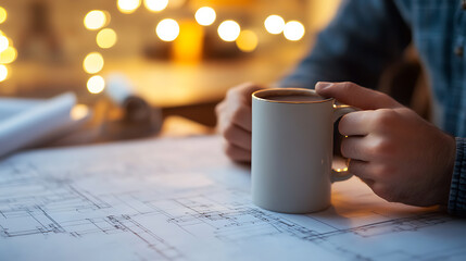 Architect reviewing blueprints with a cup of warm beverage. The evening lights create a relaxed atmosphere for detailed work. Design and comfort, perfectly intertwined.