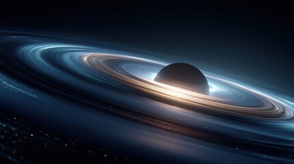 A black hole surrounded by glowing rings of light in a dark cosmic space. Stars are visible in the background, creating a vast universe scene.