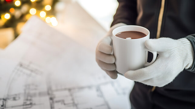 Cozy winter break with warm cocoa and design blueprints. A relaxing pause during project planning. Holiday season, festive cheer, creative work, and seasonal comfort.