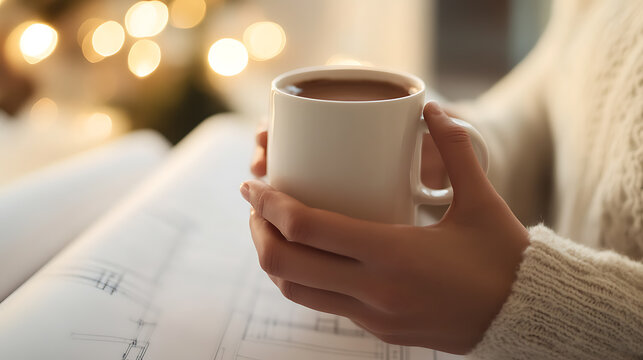 Cozy scene: woman's hands holding a mug of hot chocolate over architectural plans, illuminated by warm bokeh lights, creating a relaxed, thoughtful atmosphere.