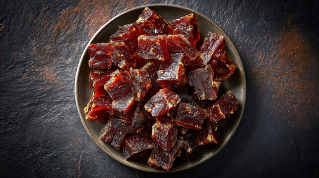Delicious beef jerky, arranged neatly on a plate, is ready to be eaten. The jerky has a deep brown color and appears to be well-seasoned, hinting at a savory taste. The image is framed against a dark.