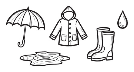 A charming collection of hand-drawn rainy day essentials, including an umbrella, raincoat, rubber boots, a puddle, and a raindrop, all in a simple black and white doodle style