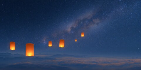 Releasing lanterns into the night sky scenic mountain range photography serene environment aerial view celebration concept