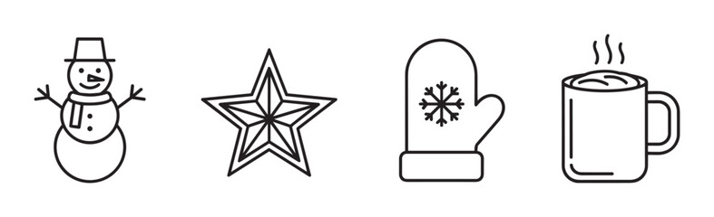 Obraz premium A collection of winter holiday icons featuring a cheerful snowman, a festive star, a cozy mitten with a snowflake, and a steaming mug of a hot drink in a minimal line art style