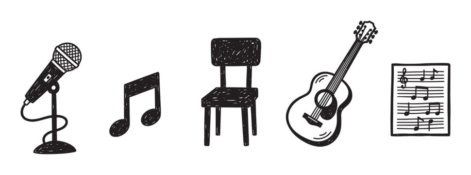 A set of monochrome doodle illustrations featuring acoustic music elements like a guitar, microphone, musical notes, and a chair, representing a live solo performance