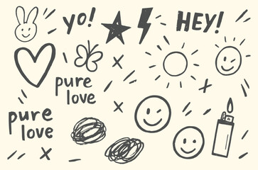 Doodle. Street Art. Graffiti. A hand drawn vector set of simple, edgy icons with "pure love" text for a t-shirt design, a sticker pack, a music poster, or a creative background element.