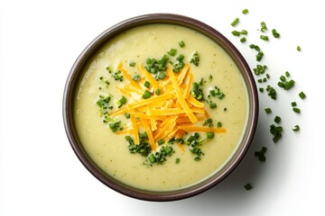 Top view of a bowl of creamy broccoli soup on a flat white background...