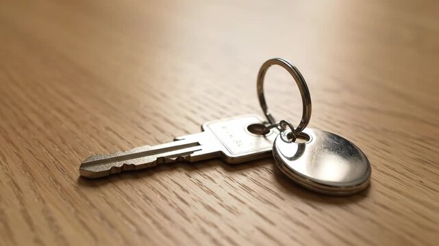 Silver Key with Keyring on Wood Surface - A close-up shot depicts a silver-colored key with a keyring and a shiny metallic tag lying on a wooden surface.