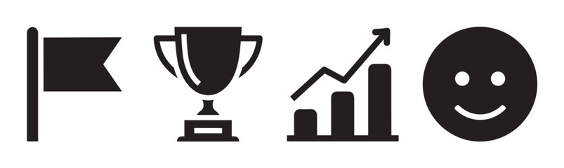 Fototapeta premium A set of black silhouette icons representing success, including a flag for goals, a trophy for victory, a growth chart for progress, and a smiley face for satisfaction