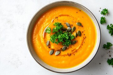 Top view of a bowl of creamy pumpkin soup on a flat white background...