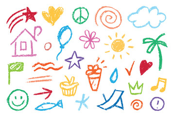 Crayon. Kids Drawing. Colorful. A hand drawn vector set of various cute and happy crayon or chalk doodles for a children's book, a school project, a party invitation, or a background.
