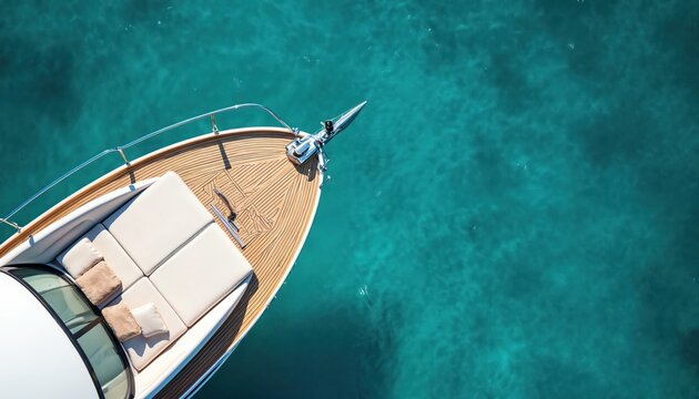 Aerial top view of luxury yacht bow with wooden teak deck on clear turquoise sea water. Cushions, pillows invite sunbathing on summer day. Rich boat trip for marine travel, vacation, leisure