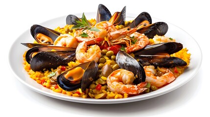 A plate of seafood paella with mussels and shrimp on a white background in a studio shot