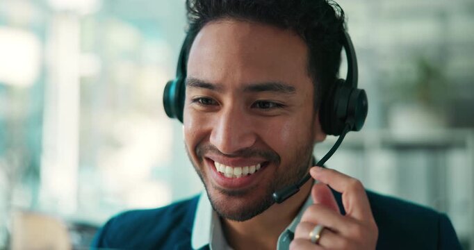 Laptop, call center and happy business man in office for language translation, contact us and help. Computer, hotline and talk with agent for feedback, multilingual support and customer service
