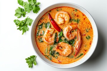 Top view of a bowl of spicy Thai coconut soup on a flat white background...