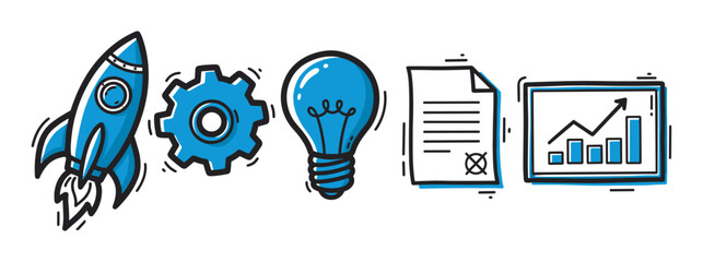 Creative sketch illustration of business development symbols including a rocket launch, innovative idea lightbulb, gear mechanism, document, and financial growth chart