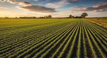 A vast, green field with neatly arranged rows of crops, under a dramatic, cloudy sky at sunset.