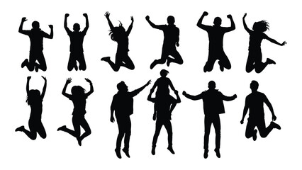 Happy jumping people silhouettes isolated on white background, Vector