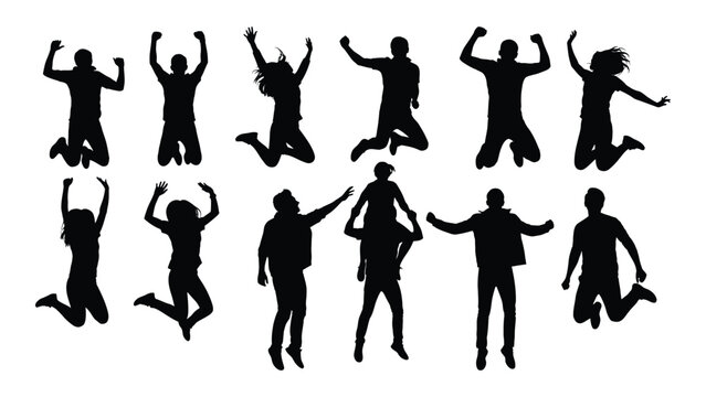 Happy jumping people silhouettes isolated on white background, Vector