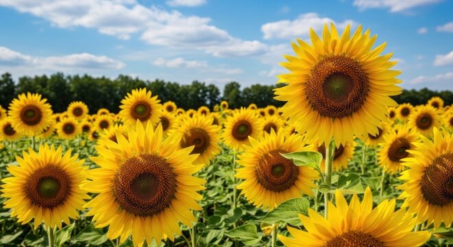 A vibrant sunflower field with a blue sky and white clouds as the background.