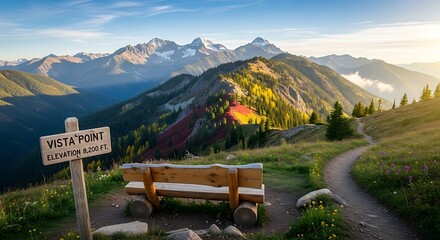 Scenic Vista Point Overlooking Majestic Mountain Range at Sunrise.