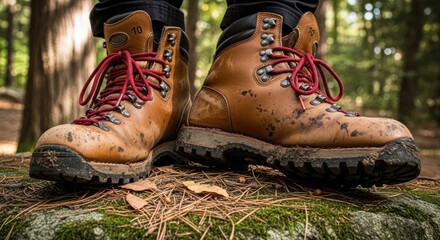 A person's feet wearing brown hiking boots with red laces, standing on a mossy rock in a forest setting.