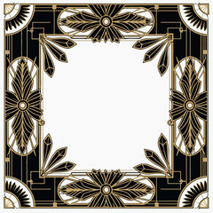 Luxury Art Deco Frame with Black, Gold, and White Geometric Floral Motifs