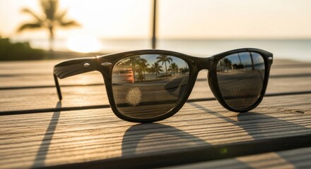 A pair of sunglasses with a beach scene reflected in the lenses, placed on a wooden deck with palm trees in the background.