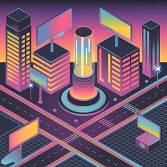 Retro-futuristic isometric city with vibrant neon light grid