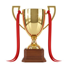 Golden trophy with red ribbons isolated on transparent background for the winner