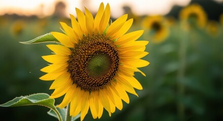 A vibrant sunflower with a blurred background, set against a warm, golden hue.