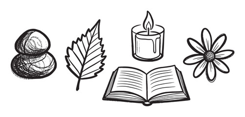 A collection of sketched mindfulness symbols featuring stacked pebbles, a botanical leaf, a burning candle, an open book, and a daisy flower in a simple doodle style