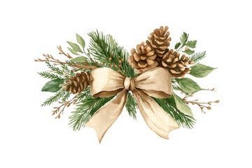 Watercolor Christmas Arrangement with Beige Bow and Pine Cones