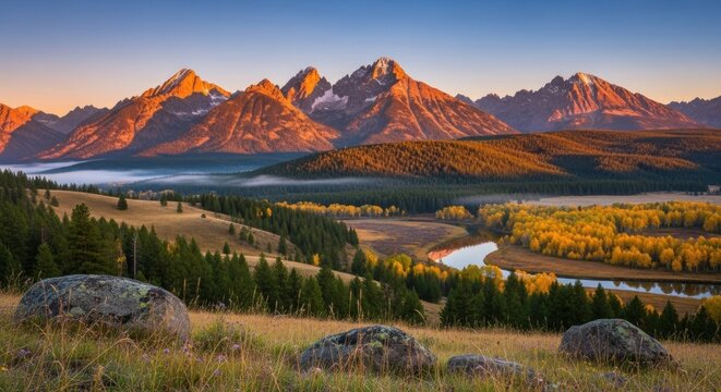 A serene mountain landscape with a river flowing through a valley, featuring vibrant autumn colors and a clear blue sky. - Powered by Adobe