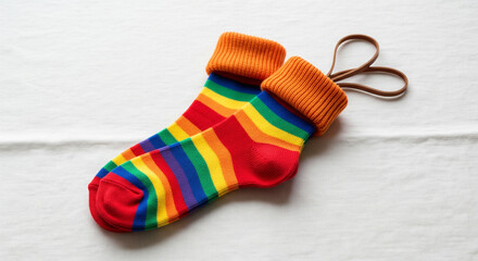 Bright rainbow striped socks with cozy orange cuffs on white background.
An overhead, minimalist flat lay image featuring a pair of vibrant, colorful crew-length socks placed on a textured white 