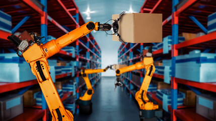 Smart robot arm system for innovative warehouse and factory digital technology . Automation manufacturing robot controlled by industry engineering using IOT software connected to internet network .